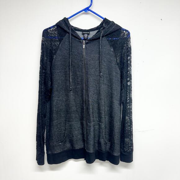 Torrid Women Black Zip Up Hooded Lace Sleeved Lightweight Cotton Jacket 0 Large - Picture 1 of 3
